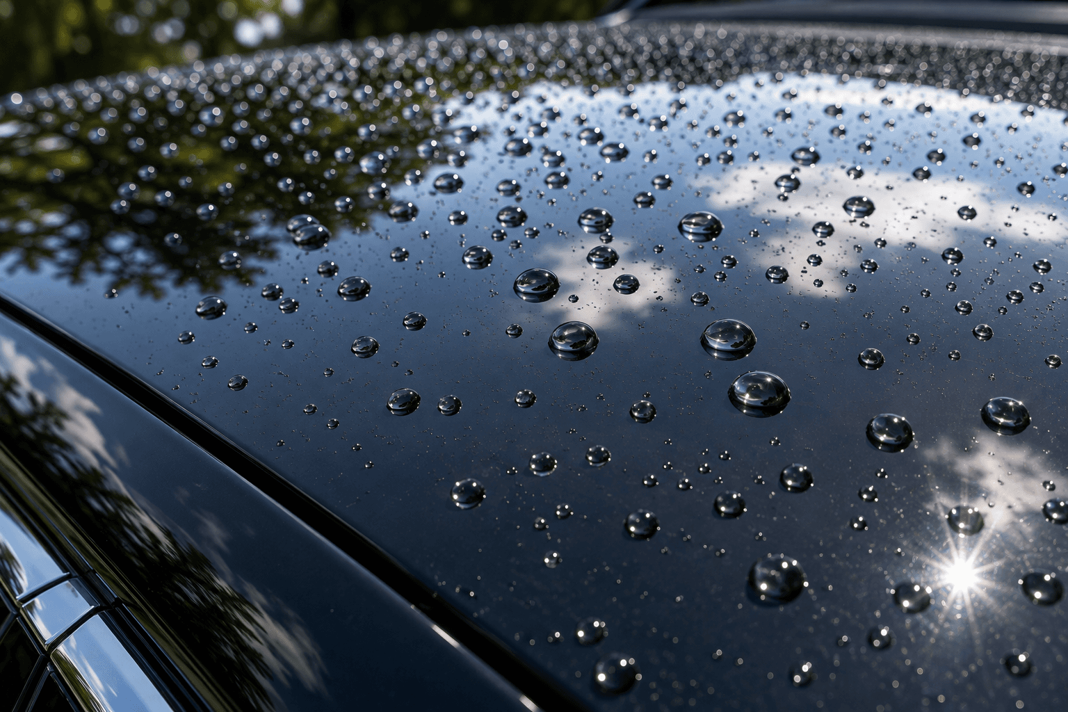 Water beading off a freshly ceramic-coated car hood