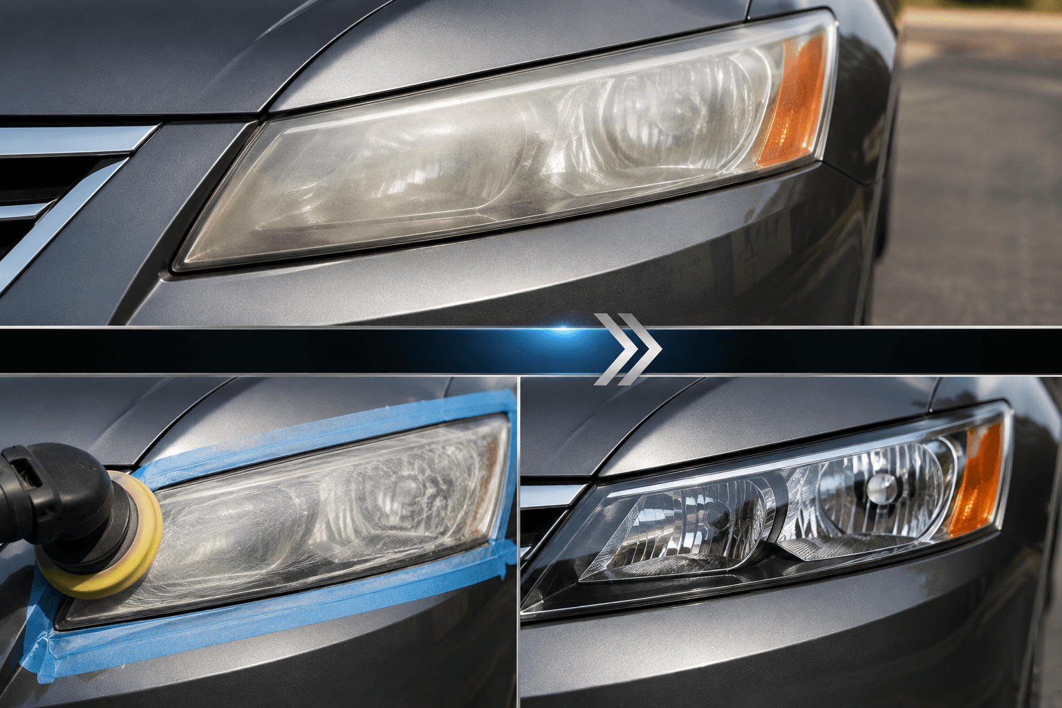 Close-up of a restored, clear headlight lens after a headlight restoration service