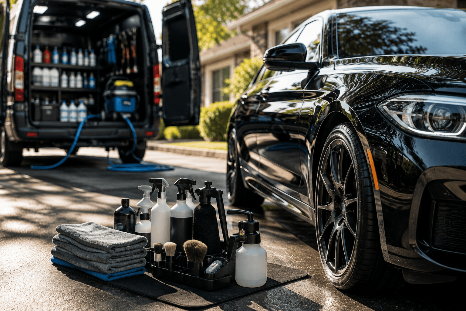 Technician hand-washing a sedan in a driveway as part of a mobile auto detail