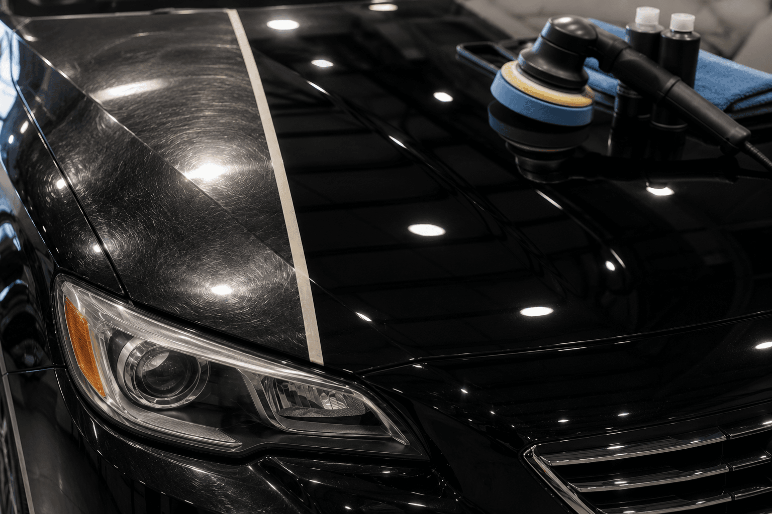 Detailer using a dual-action polisher on a car hood during paint correction